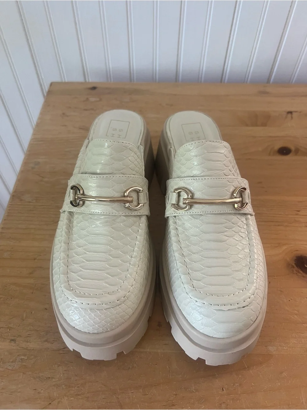 Shushop Audra Platform Mule Loafers‎ 8.5 Beige Snake Embossed Chunky Lug Sole